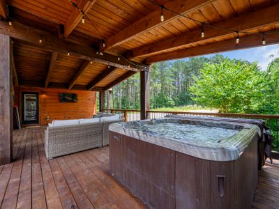 The hot tub is in perfect position to see the tv and hang out with the group!