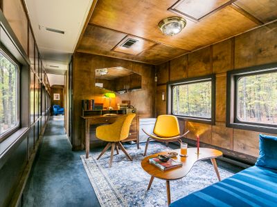 A view of the office facing the front of the car.