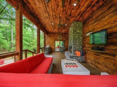 The covered outdoor patio is the perfect place to spend the day.
