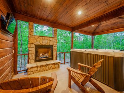 A gas fireplace and hot tub are available for ultimate relaxation.