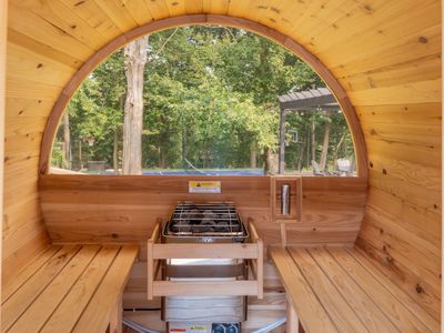 Interior of the electric barrel sauna.