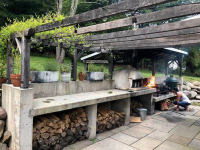 Outdoor kitchen complete with Wood Fired Oven, Uruguayan Grill and Large Green Egg (gas grill also available)
