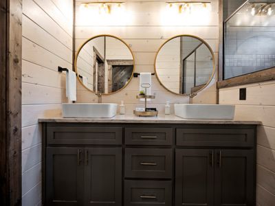Double vanity in attached bathroom.