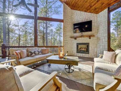 Gorgeous outdoor lounging area around the gas fireplace!