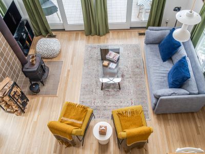 A bird's eye view of the living room from the loft.