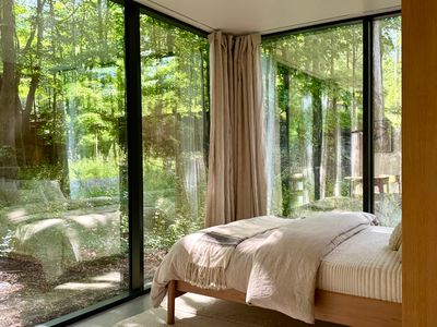Wake up in the treetops — the bed sits within wraparound glass and greenery.