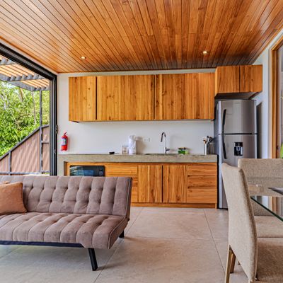 Open living and kitchen space with warm wood finishes.
