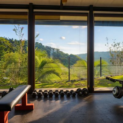 In-home exercise-fitness room.