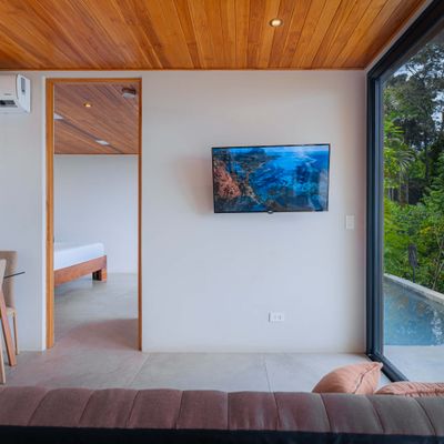 Bright interior space with modern décor and easy access to the bedroom.