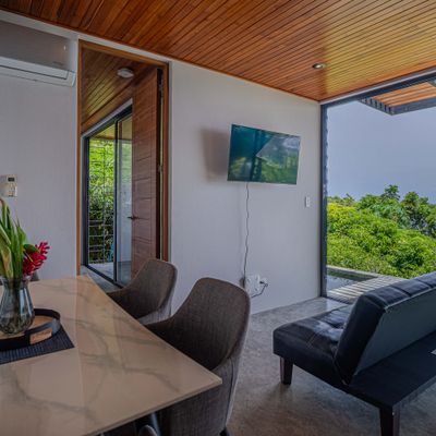 Bright living and dining area with TV, terrace access, and tropical views.