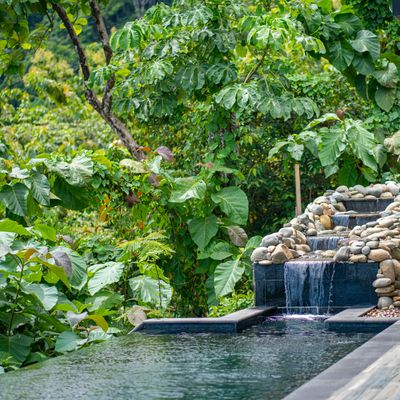 Private swimming pool with waterfall.