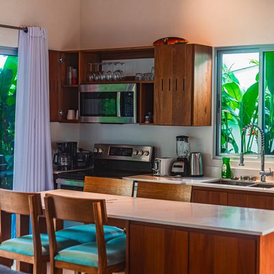 An inviting kitchen with a large pantry, state-of-the-art appliances, and stylish touches.