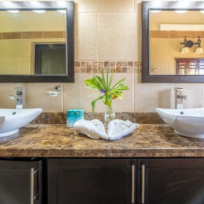 Master bedroom full bathroom with double sinks, indoor and outdoor shower