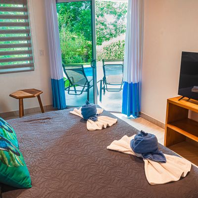 Owner's Suite has a king-size bed, 42-inch SmartTV, A/C, access to the patio and the pool and en-suite bathroom.