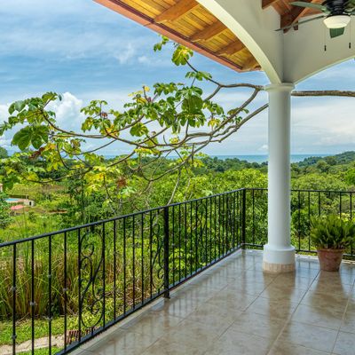 breathtaking view of the sea, framed by lush green surroundings.
