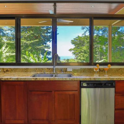 A bright, inviting kitchen with a picturesque view of the surrounding nature