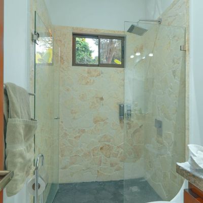 The casita has a beautiful bathroom, designed for both comfort and style.