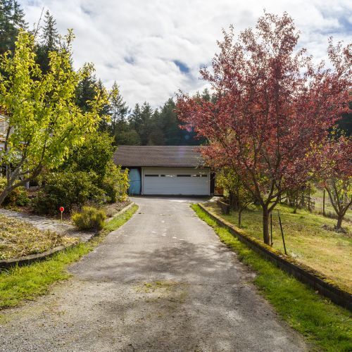 A peaceful arrival through a tree-lined drive—ample parking and a quiet, private setting that instantly sets the tone for a relaxing stay.