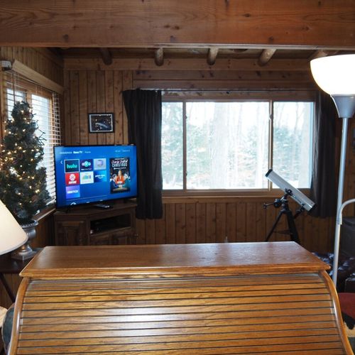 Living room:  the cabin has a very cozy and comfortable living room with a sofa, comfy chair, desk, book cabinet, gas fireplace, and a television with live streaming via roku.
