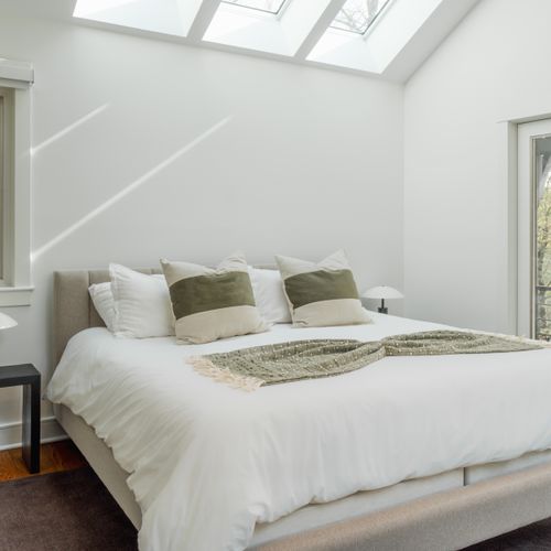 Sunlight streams through this peaceful space.