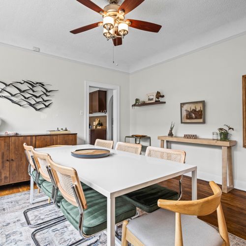 Chic details elevate this dining space into a warm gathering spot.