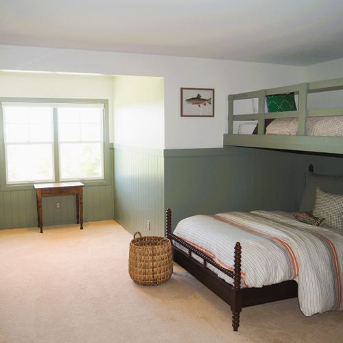 Bedroom #5 (second floor):  features two twin-on-full bunk beds, large dresser, closet, and great views of the backyard, long lake, and sleeping bear dunes.