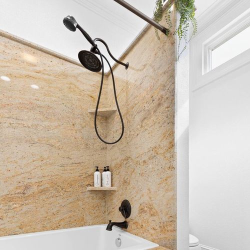 Deep soaking tub & shower combo — the perfect way to melt away after a long day out.