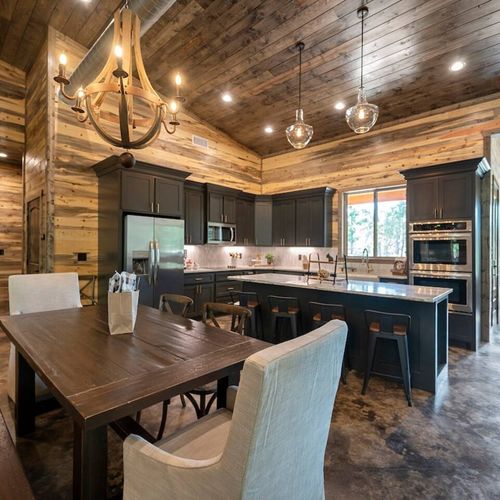 The dining area and kitchen.