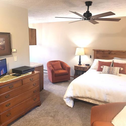 BEDROOM #1 (MAIN FLOOR):  Huge primary bedroom on the main floor with private ensuite bathroom and its own television, kitchenette, and dining table!