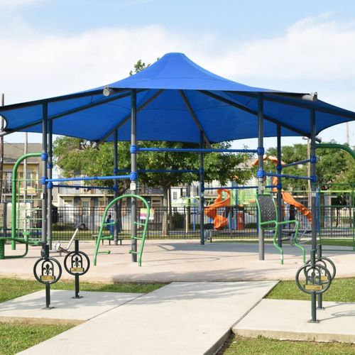Lafitte Greenway's shaded pavilion — perfect for a relaxed afternoon outdoors.