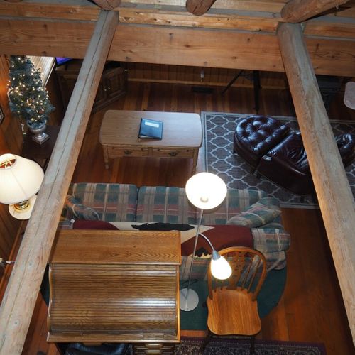 Living room:  looking down into the living room from the upstairs loft area.