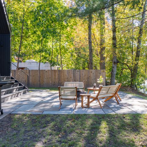 Patio furniture and fire pit.