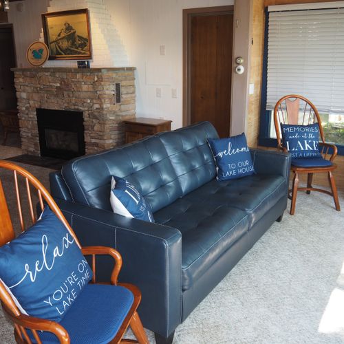 Living room:  large living room with a fireplace and a great view of platte lake