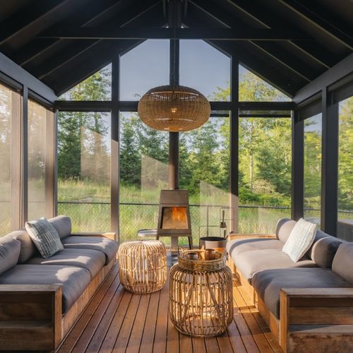 Pool House lounge area with wood burning stove.