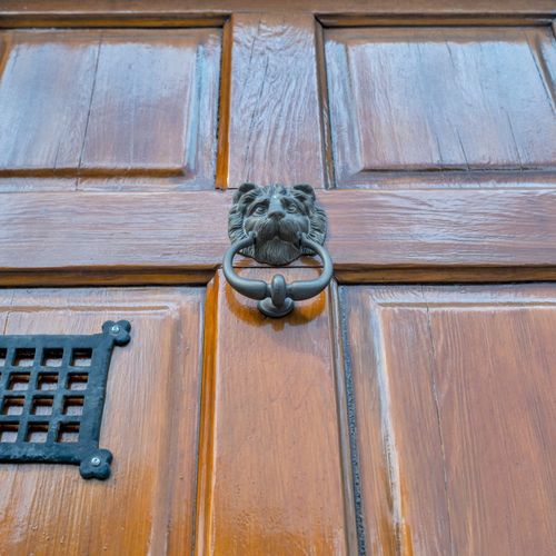 Ornate lion's head door knocker — a timeless touch of New Orleans craftsmanship.