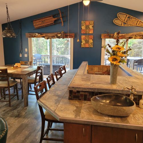 Kitchen (second floor):  the kitchen island with the dining area on the left.