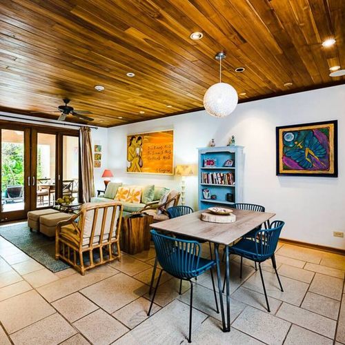 You will enjoy the beautiful property with a mix of rustic and contemporaneous styles. The dining and living areas include beautiful arts and furniture.