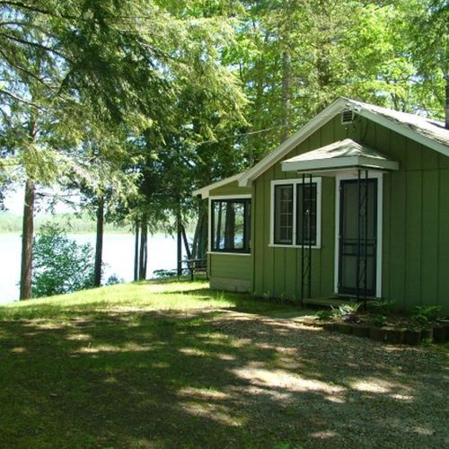 Exterior:  the cabin with little platte lake in the background