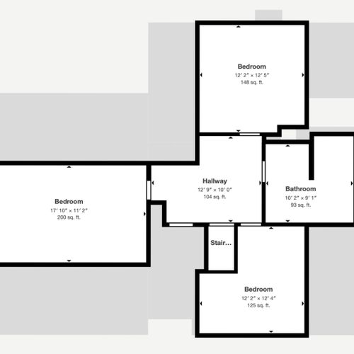 Floorplan of the second floor of the cottage.  There are three bedrooms and one shared full bathroom. Please remember there is a full bathroom on the main level as well!