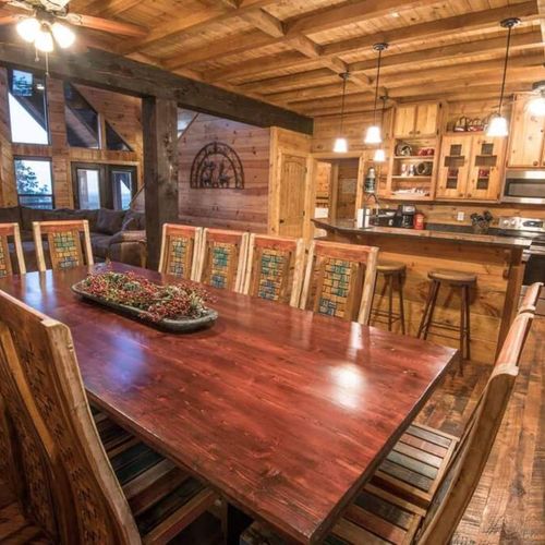 The formal dining area is designed for 12 people.