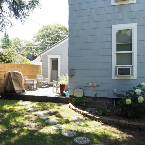 Exterior:  the garden area and backyard deck.