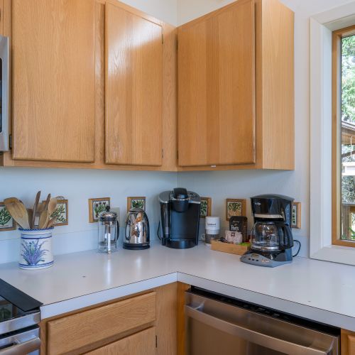 Our coffee bar includes a drip coffeemaker, Keurig, French Press, coffee grinder, coffee makings, filters, tea, sweetener and hot cocoa.  We include organic coffee to get you started!