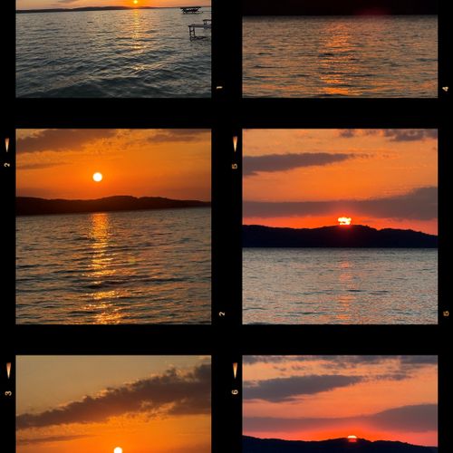 EXTERIOR:  A collection of sunsets over Crystal Lake looking out from the house