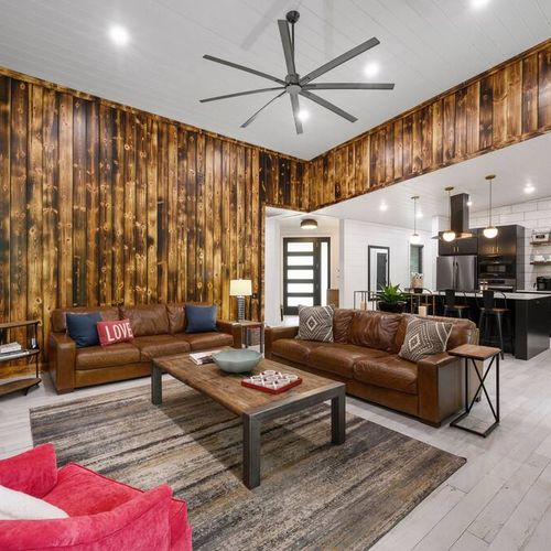 Wooden details in the living room give it a rustic-modern twist.