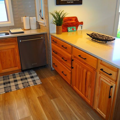 Kitchen:  the cottage has a newly-remodeled kitchen with all modern appliances, including a dishwasher and a little coffee bar. There is also a good supply of cooking and dining utensils provided.
