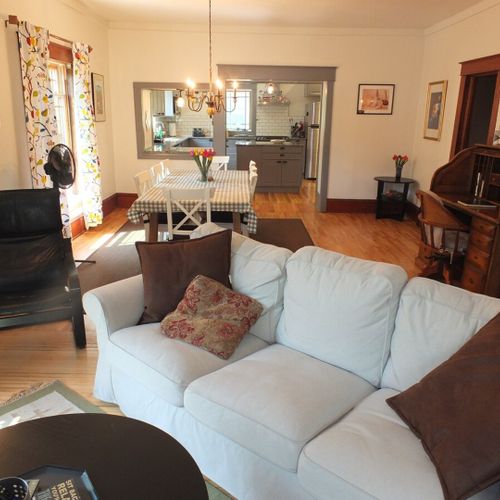 Living room:  looking from the living room into the dining area and kitchen.