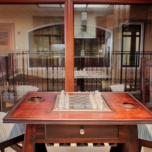 Play chess at this outdoor table.