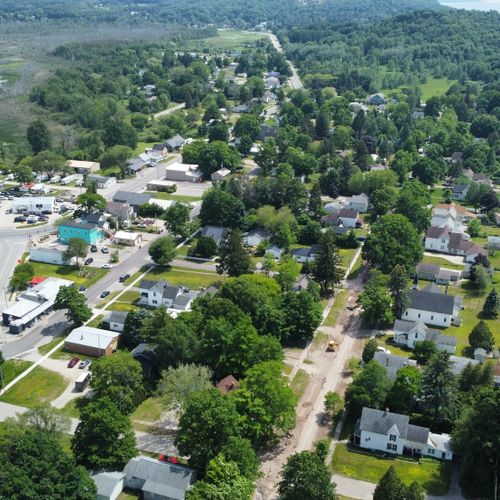 Exterior:  aerial photo of the north end of downtown elberta, where the home is located.