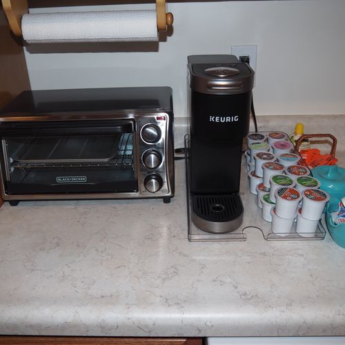 Kitchen:  very convenient and modern kitchen with all appliances including a dishwasher, microwave, toaster oven, and keurig coffee maker.