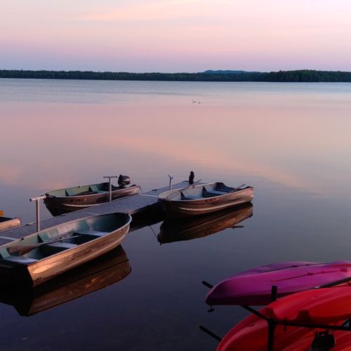 Area photos:  the private dock, rowboats, and kayaks